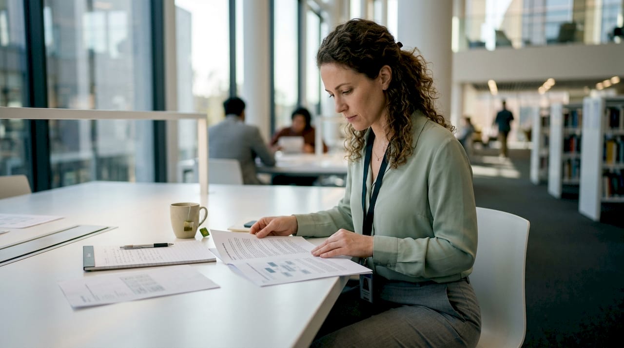 Compliance officer reviewing AI governance policy documents