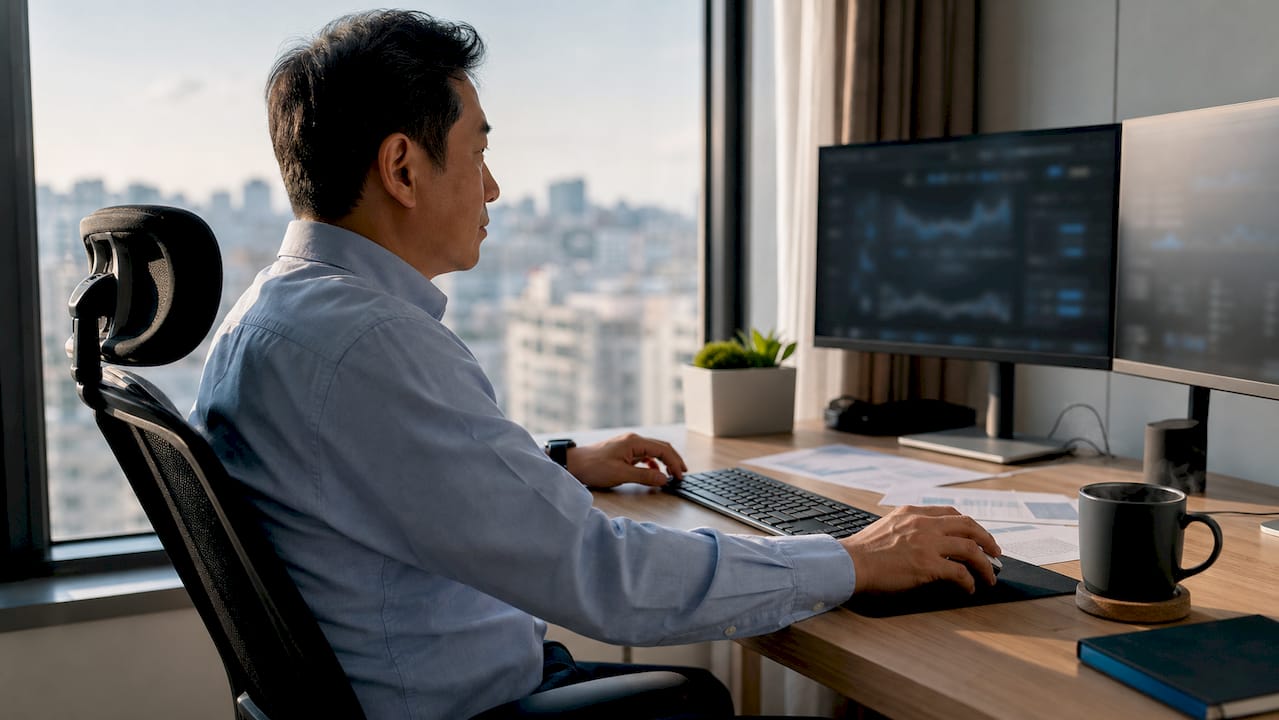 Professional at desk reviewing FinOps dashboard