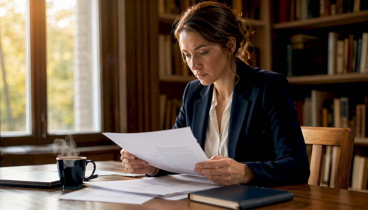 Businesswoman reviewing AI governance documents