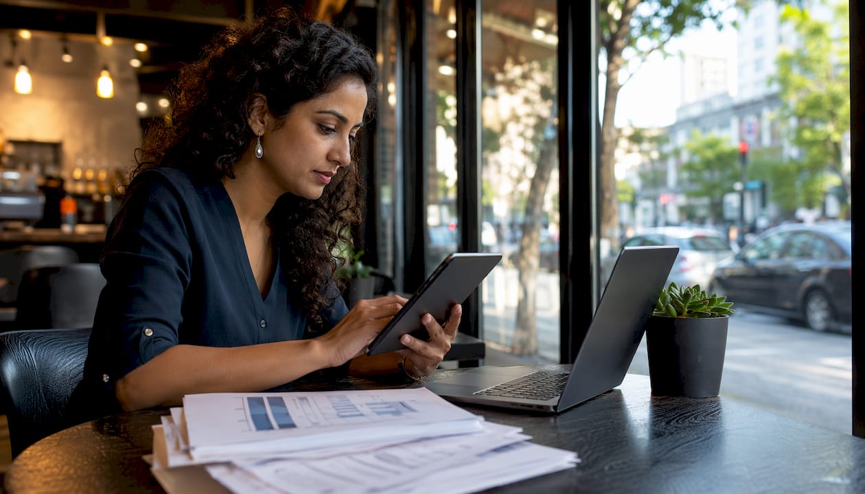Businesswoman reviewing cloud finance reports in meeting room