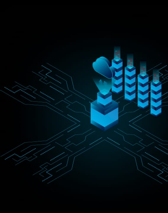 Cloud connected to stacked data blocks on a circuit board, representing structured cloud cost control