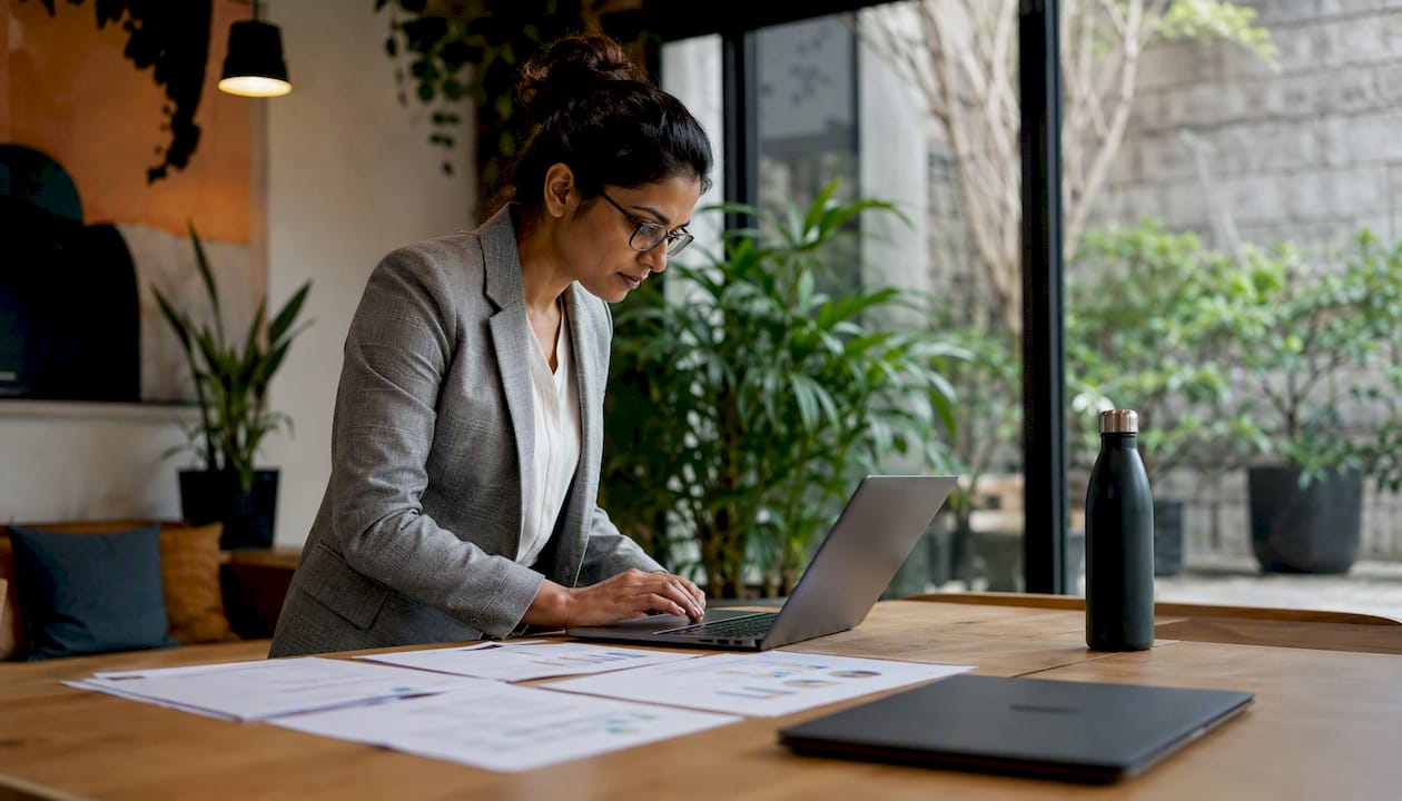 Woman analyzing cloud cost data at desk
