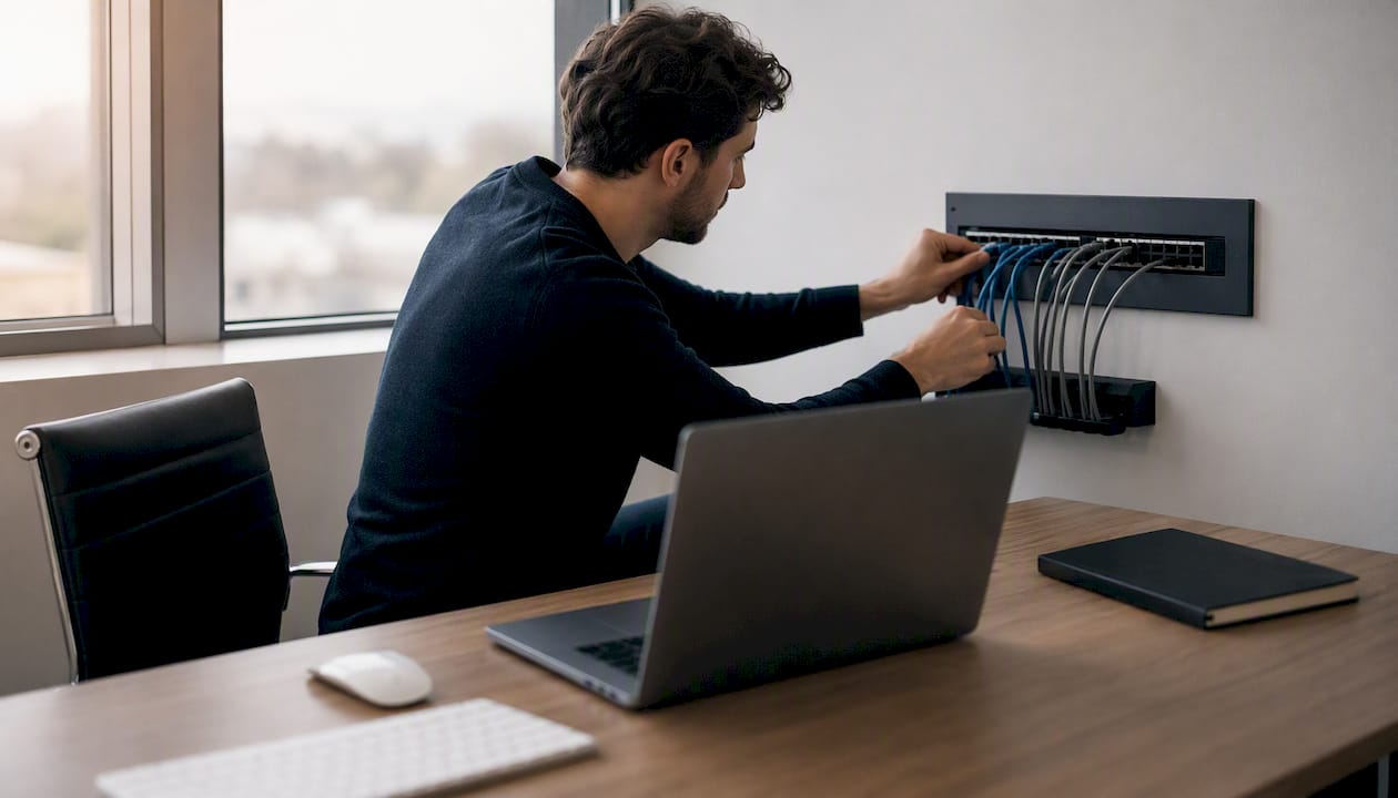 Hands connecting network cables in workspace
