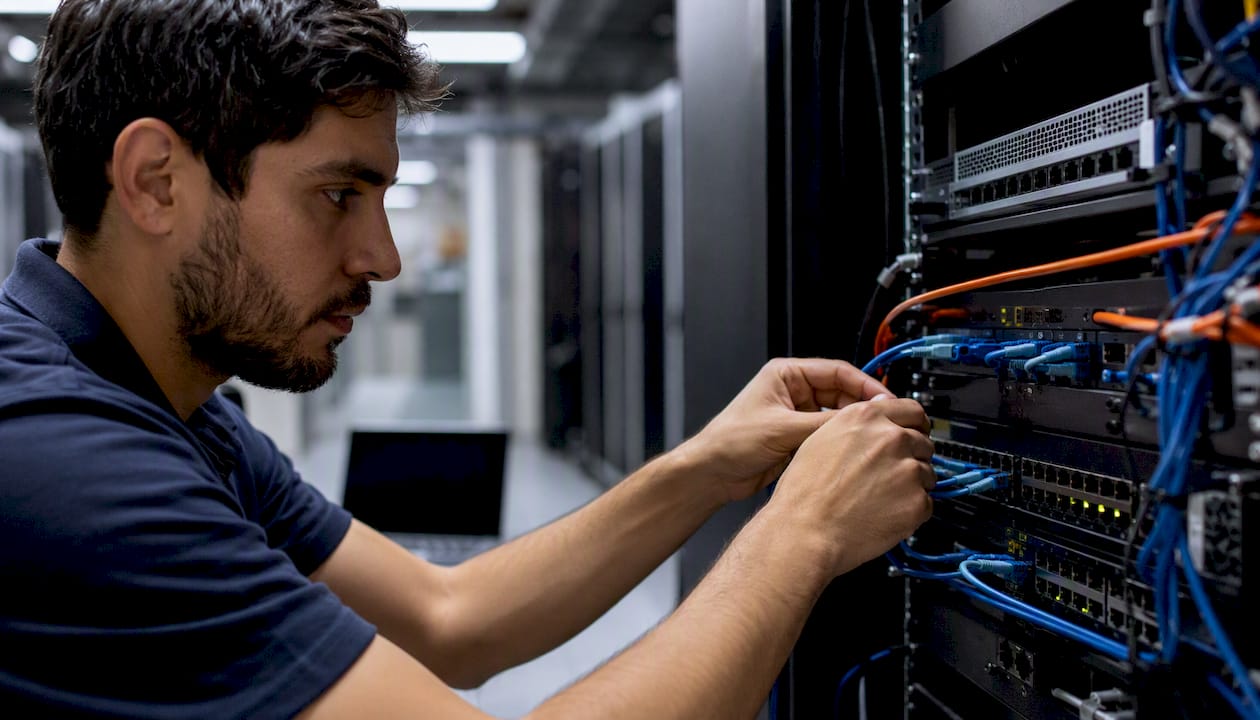 Hands connecting network cable in data center