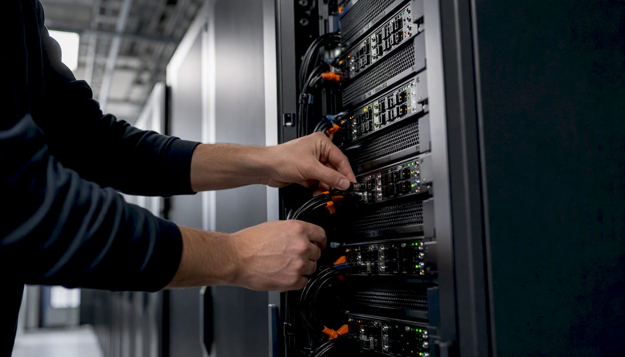 Hands connecting cables in server rack