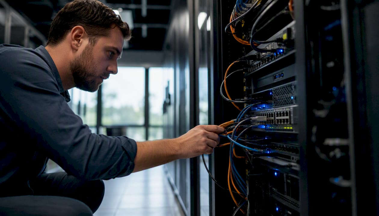 Hands adjusting network cables in data center