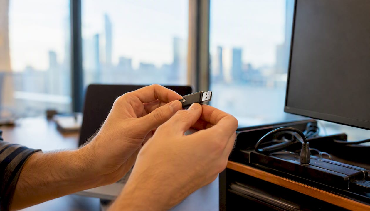 Hands adjusting license key near server rack