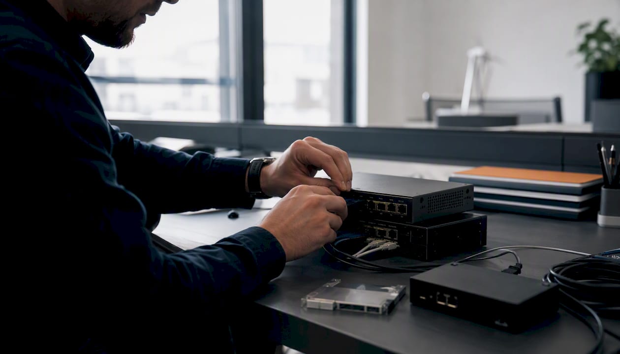 Hands handling network devices for cloud storage