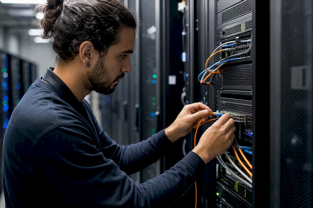 Engineer unplugging network cable in data center
