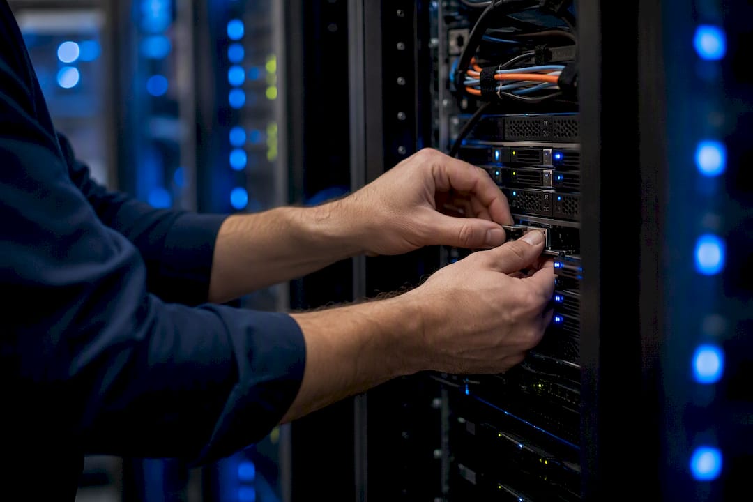 Hands adjusting cloud data center server hardware