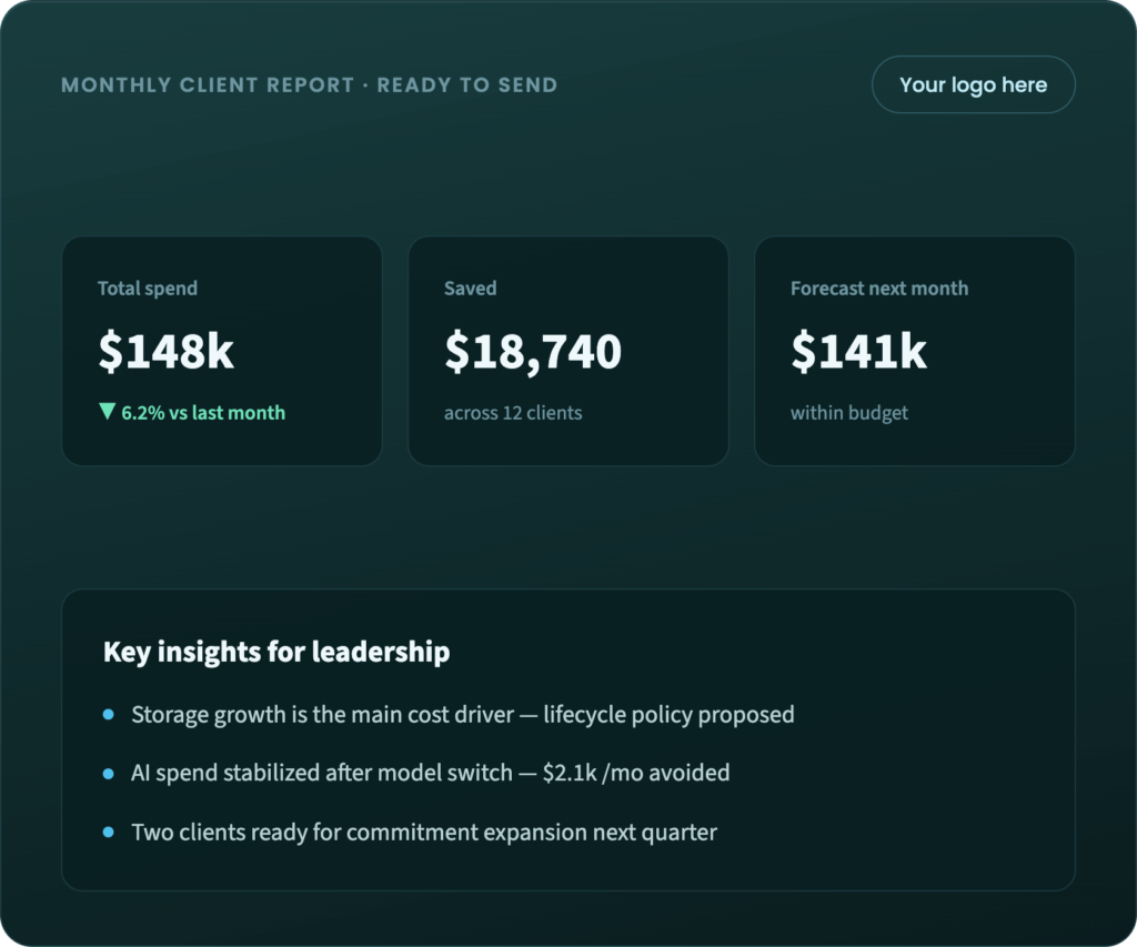 EverythingCloud monthly client report showing total cloud spend, savings, next month forecast and key insights for leadership