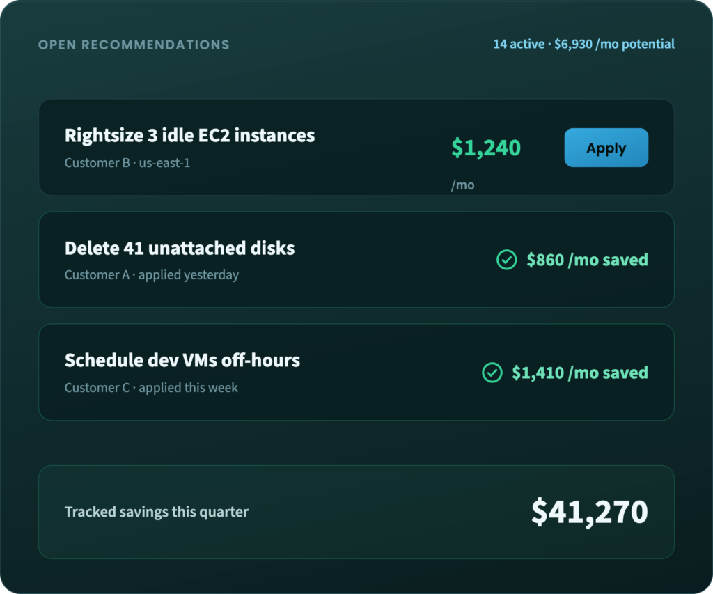 EverythingCloud optimization view listing open cost recommendations such as rightsizing idle EC2 instances and deleting unattached disks, with tracked savings for the quarter