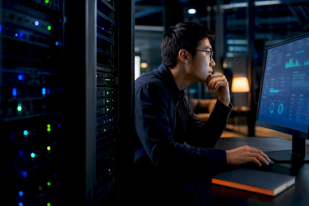 Cloud infrastructure review beside server racks