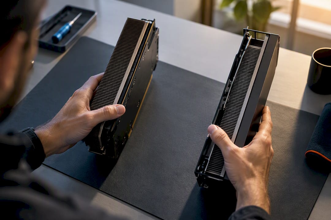 Engineer comparing anonymous GPU accelerator boards